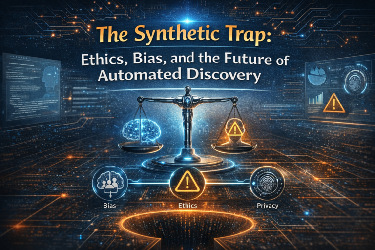 Futuristic illustration of AI ethics showing a robotic scale balancing artificial intelligence, bias, and privacy risks in automated discovery