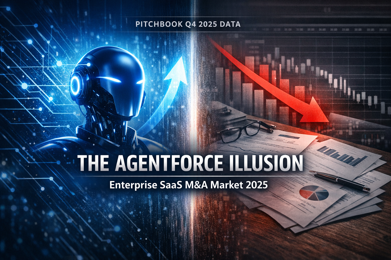 Dramatic split image showing AI agent and declining financial charts illustrating enterprise SaaS M&A market 2025 trends and valuation pressure.