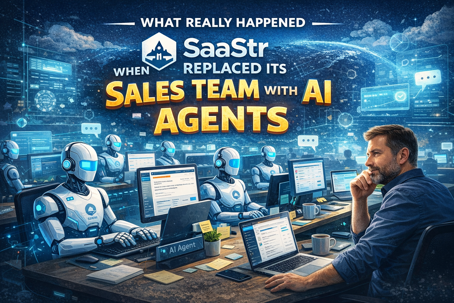 AI agents replacing a SaaS sales team while a human supervisor oversees performance