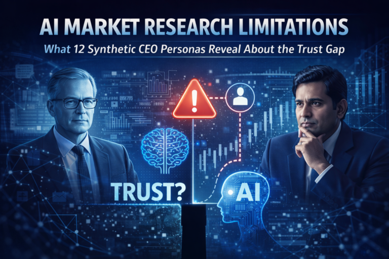 AI market research limitations showing the trust gap between synthetic CEO personas and human validation