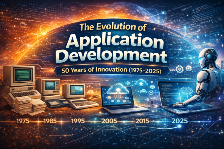 Timeline illustration showing the evolution of application development from early computers in the 1970s to AI-assisted software development in 2025.