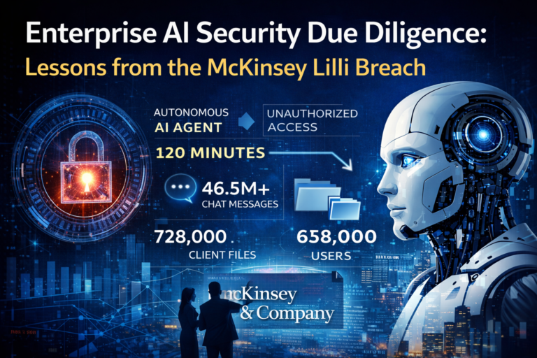 Illustration of the McKinsey Lilli AI security breach showing an autonomous AI agent gaining unauthorized access to enterprise AI systems and exposing millions of chat messages and confidential files.