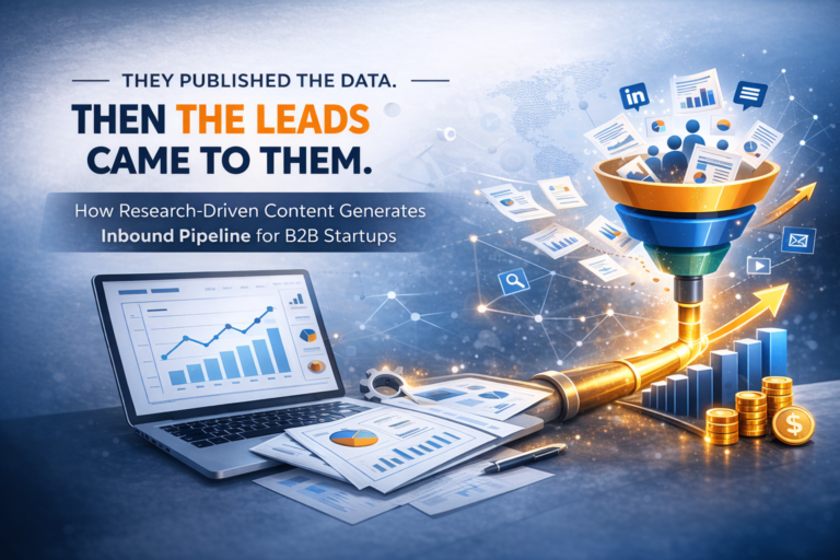 Illustration showing research reports generating inbound leads for B2B SaaS companies, inspired by case studies of HubSpot, Gong, and Drift using original data to drive demand generation.