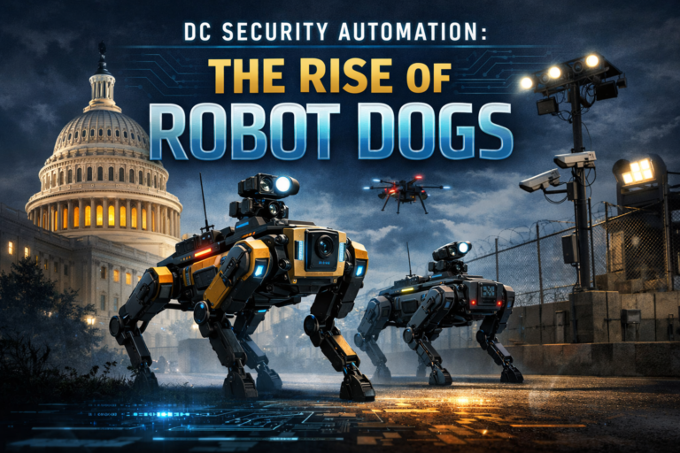 Robot dogs patrolling a secure data center facility representing the rise of AI-driven data center security automation and the emerging M&A opportunity in enterprise security software.