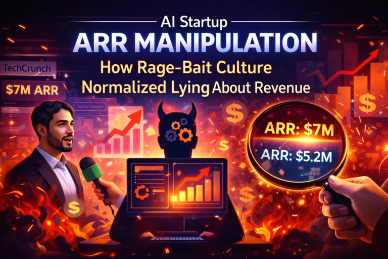 Illustration showing AI startup ARR manipulation comparing Cluely’s $7M claim vs $5.2M ARR alongside broader startup revenue inflation scandals including 11x and HeadSpin.