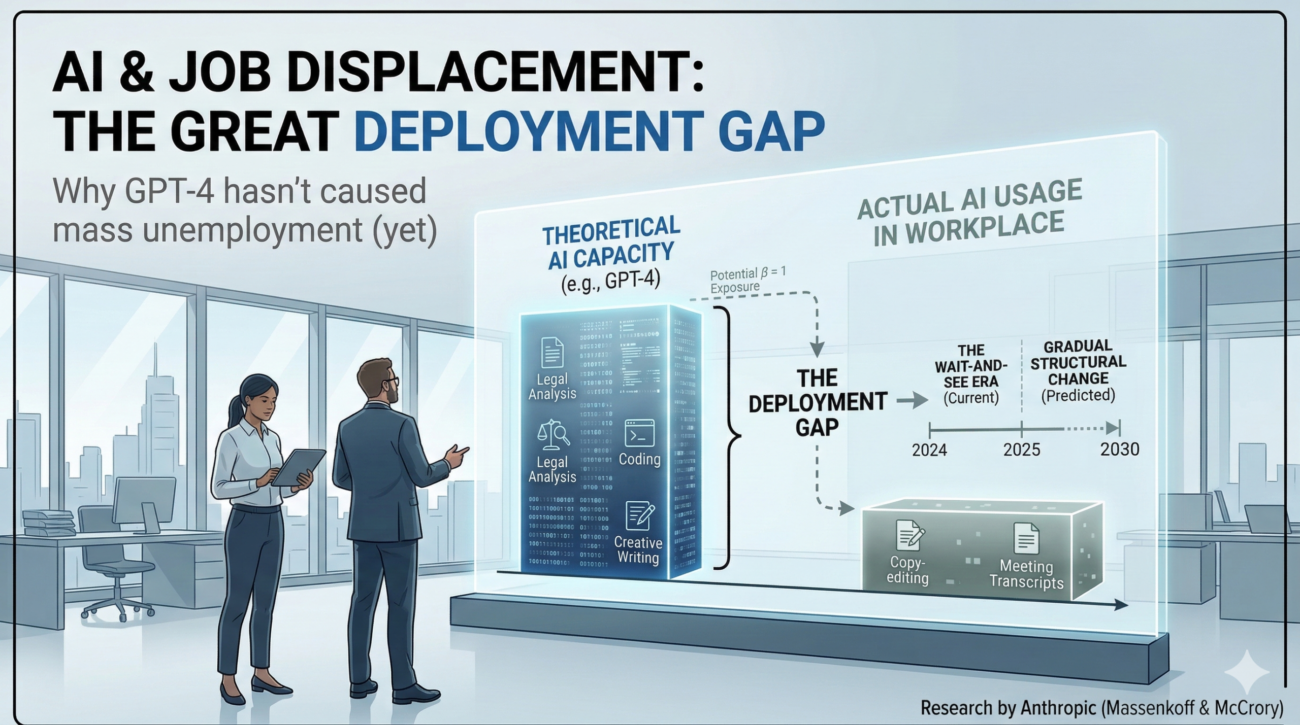 Infographic showing the AI deployment gap between theoretical capacity and actual workplace usage based on Anthropic research, featuring a modern office setting with data overlays.