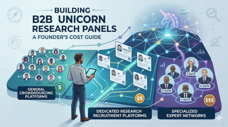 A founder analyzes the costs of building B2B research panels, comparing three platform tiers: general crowdsourcing, dedicated research recruitment platforms, and specialized expert networks targeting C-suite executives.