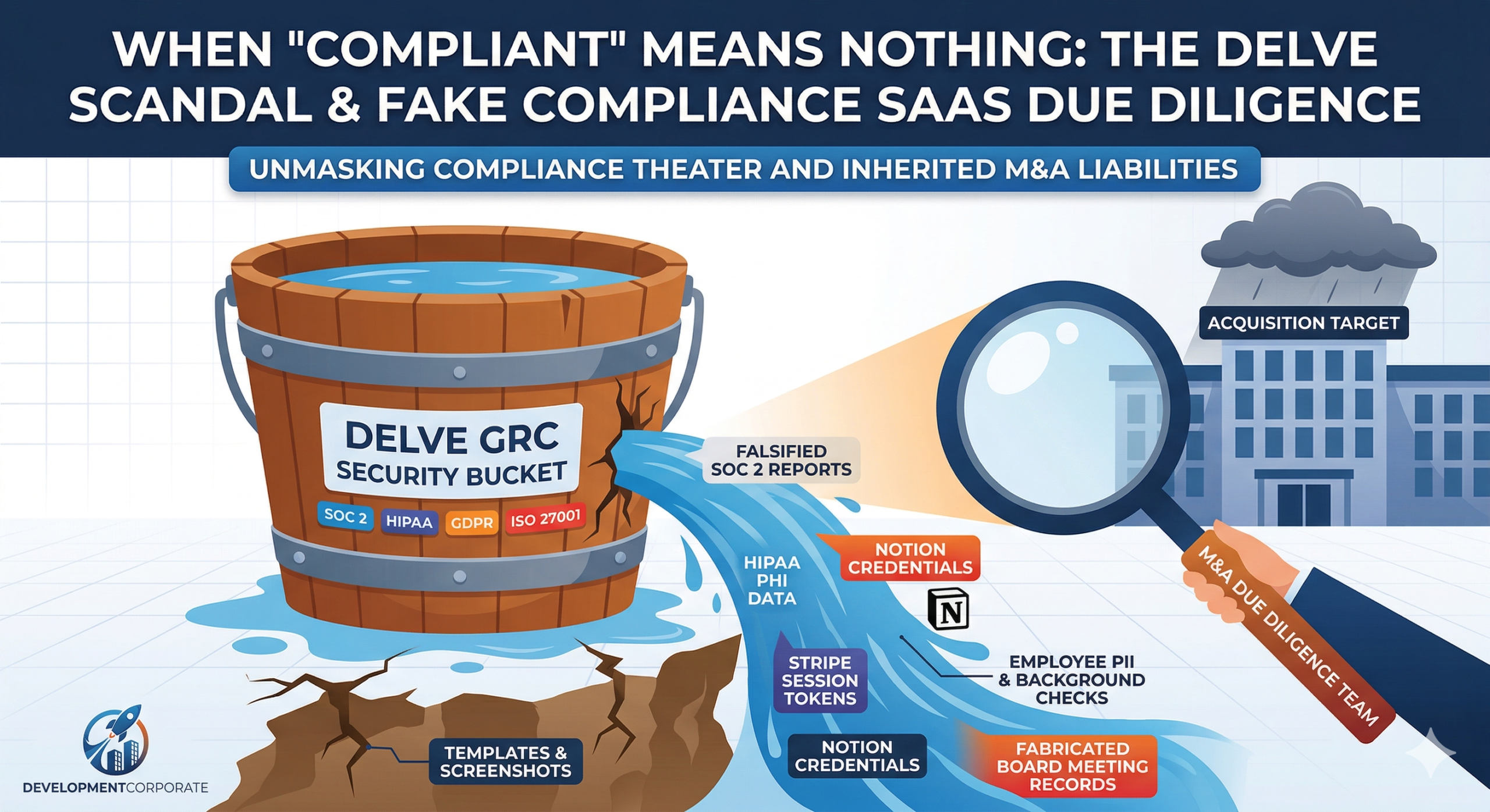 Illustration of the Delve scandal showing a leaky Delve GRC security bucket spilling sensitive data like Stripe session tokens and HIPAA PHI, examined by an M&A due diligence magnifying glass.