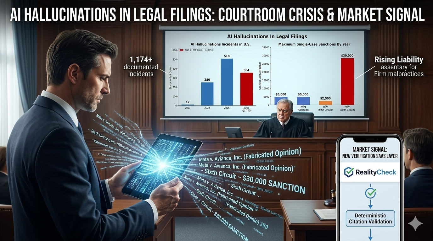 AI hallucinations in legal filings — chart showing escalating court sanctions 2023–2026