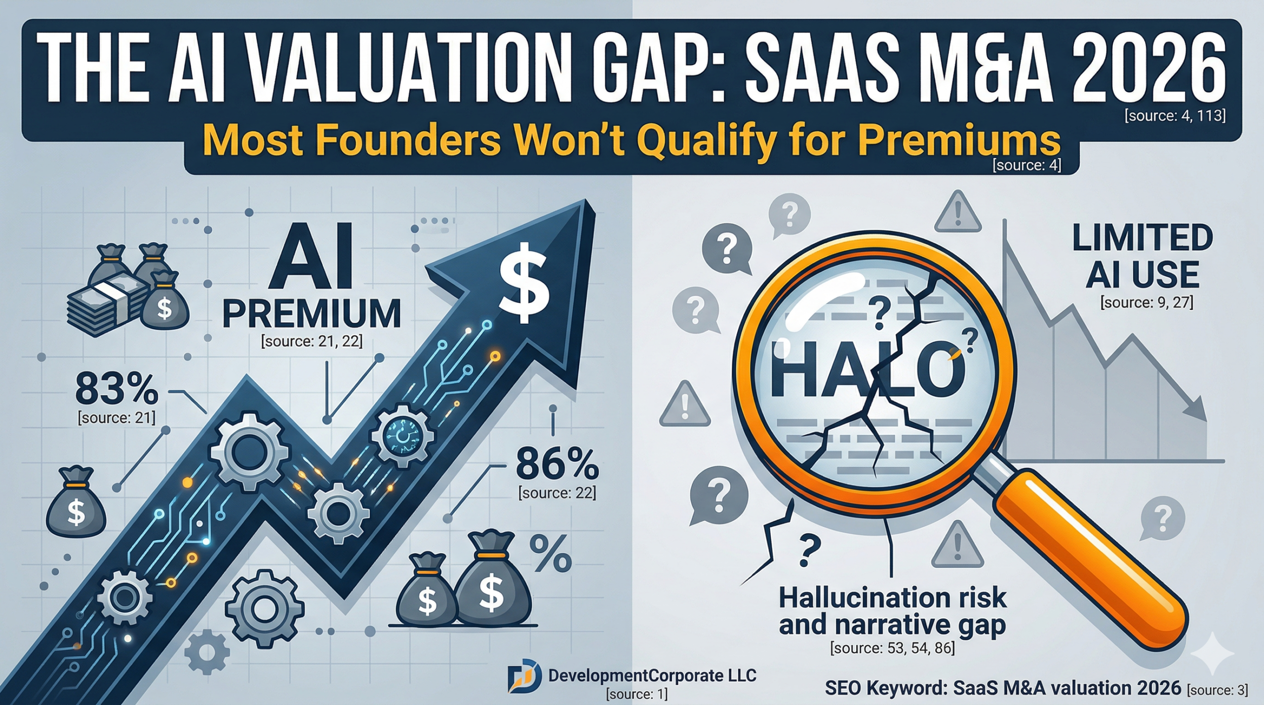 An infographic titled 'The AI Valuation Gap: SaaS M&A 2026', visually contrasting a rising arrow with an 83%-86% 'AI Premium' and money bags against a descending graph under 'Limited AI Use' viewed through a magnifying glass with a 'HALO' effect for 'Hallucination risk and narrative gap'.