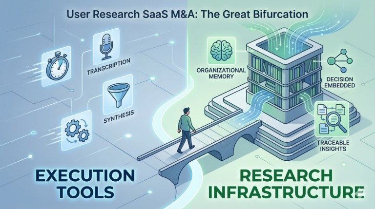 A split conceptual illustration showing 'Execution Tools' on the left with icons for transcription and synthesis, and 'Research Infrastructure' on the right showing a central knowledge repository and traceable insights.