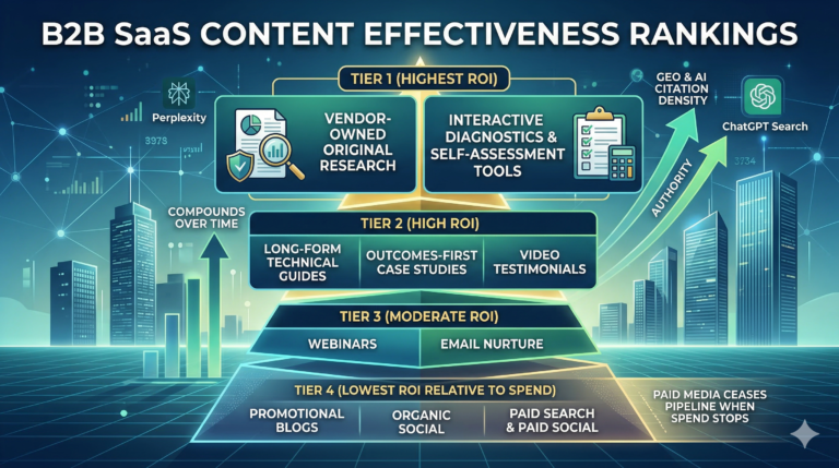 Infographic titled 'B2B SaaS Content Effectiveness Rankings,' illustrating a four-tier pyramid of content types ranked by ROI. Tier 1 (Highest ROI) features 'Vendor-Owned Original Research' and 'Interactive Diagnostics & Self-Assessment Tools.' Lower tiers rank 'Technical Guides,' 'Outcomes-First Case Studies,' 'Webinars,' and 'Email Nurture.' The base, Tier 4, includes 'Promotional Blogs,' 'Organic Social,' and 'Paid Media,' with a critical note: 'PAID MEDIA CEASES PIPELINE WHEN SPEND STOPS.' Arrows indicate effects on 'AI CITATION DENSITY,' 'AUTHORITY,' and factors that 'COMPOUND OVER TIME.' Perplexity and ChatGPT are referenced.