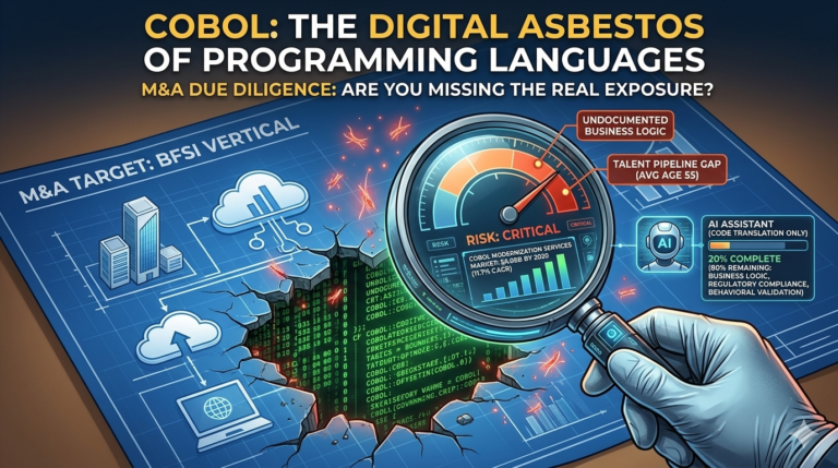 A magnifying glass hovering over a business blueprint, revealing green legacy COBOL code beneath cracked modern infrastructure. A gauge indicates critical risk, with callouts for undocumented business logic, talent pipeline gaps, and AI's limitations in code translation.