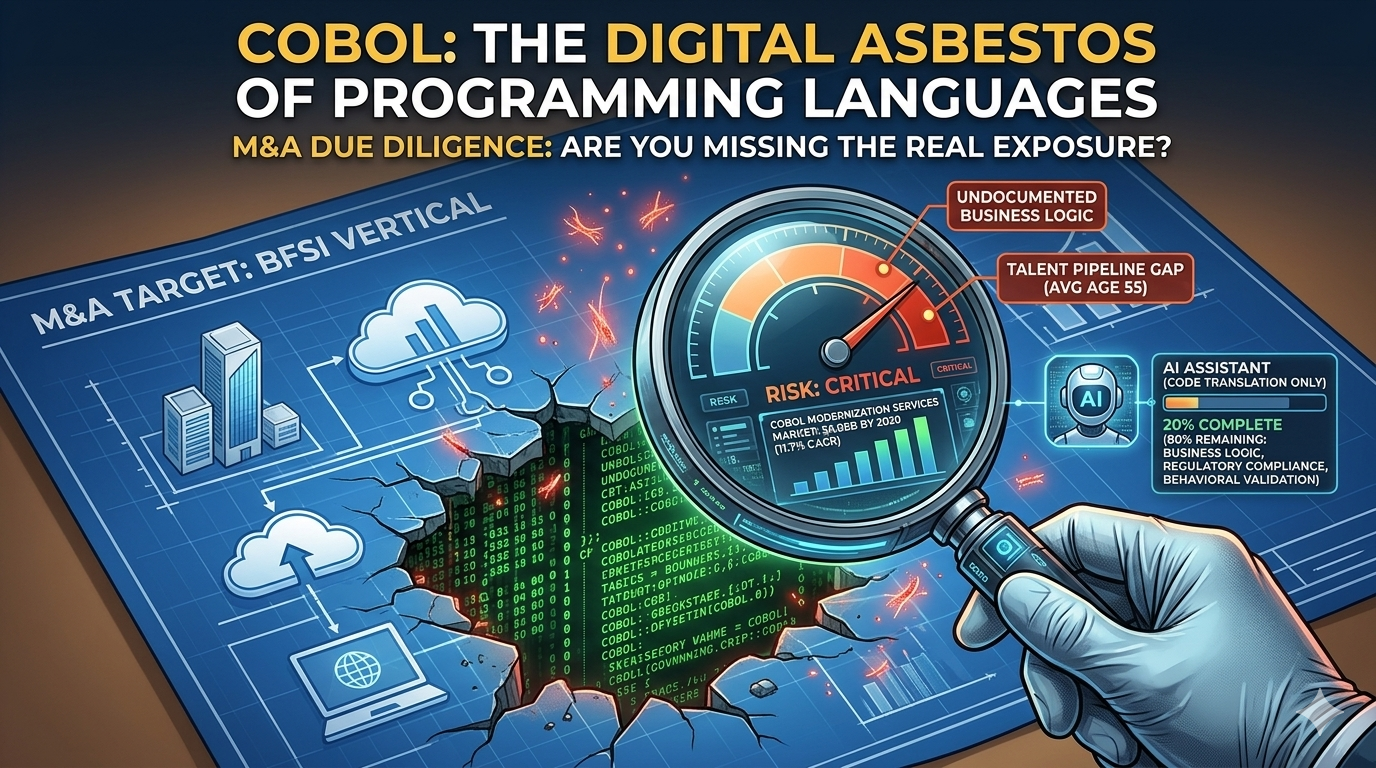 A magnifying glass hovering over a business blueprint, revealing green legacy COBOL code beneath cracked modern infrastructure. A gauge indicates critical risk, with callouts for undocumented business logic, talent pipeline gaps, and AI's limitations in code translation.