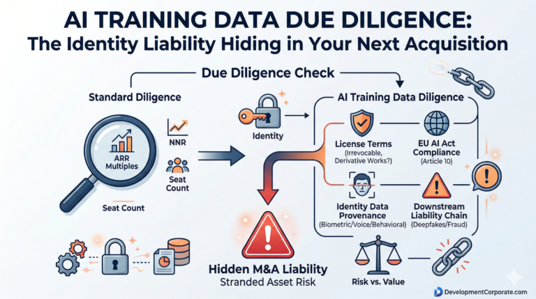 Infographic showing AI Training Data Due Diligence steps including License Terms, EU AI Act Compliance, and Identity Data Provenance for M&A.