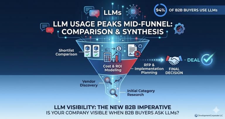 An infographic visualizing that 94% of B2B buyers use Large Language Models (LLMs) and showing usage peaks during the comparison and synthesis stage of the purchasing funnel.