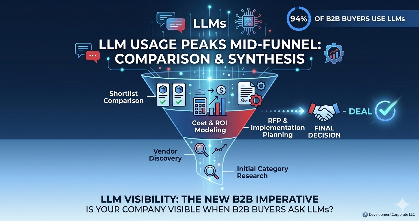 An infographic visualizing that 94% of B2B buyers use Large Language Models (LLMs) and showing usage peaks during the comparison and synthesis stage of the purchasing funnel.
