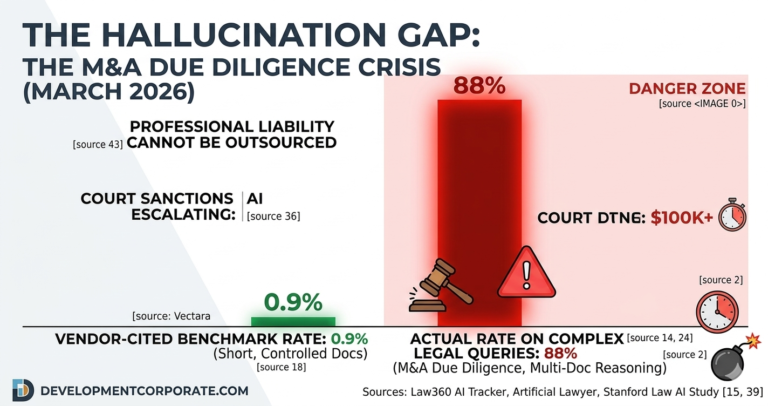 A graphic illustration visualizing the large discrepancy between perceived and actual AI hallucination rates in legal M&A due diligence, labeled as The Hallucination Gap.