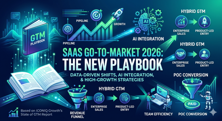 Infographic of 2026 SaaS Go-to-Market Playbook showing hybrid GTM models, AI integration stages, and pipeline distribution between sales and marketing.