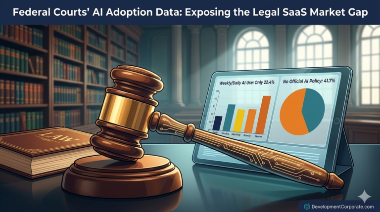 A conceptual 3D illustration for a legal tech article showing a wooden judge's gavel next to a digital tablet displaying data charts on federal court AI adoption. The tablet shows a pie chart for AI policy and a bar graph for usage frequency.