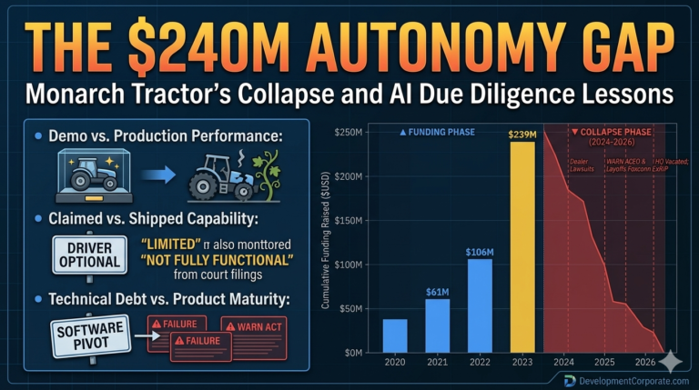 fographic showing the $240M funding collapse of Monarch Tractor and the AI Autonomy Gap in due diligence