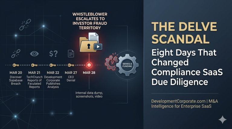 A timeline graphic detailing the rapid escalation of the Delve scandal, from the initial Supabase breach to the whistleblower's disclosure of internal data to series A investors.