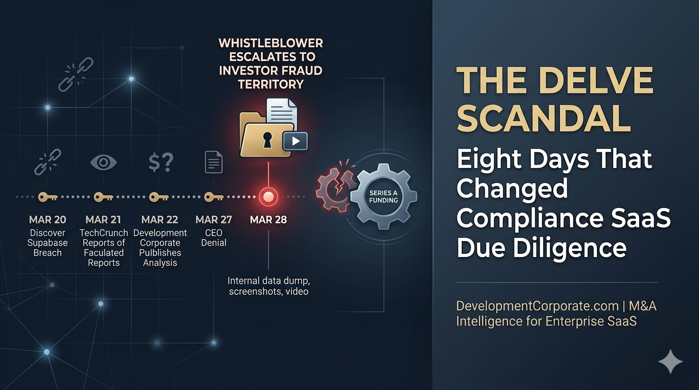 A timeline graphic detailing the rapid escalation of the Delve scandal, from the initial Supabase breach to the whistleblower's disclosure of internal data to series A investors.