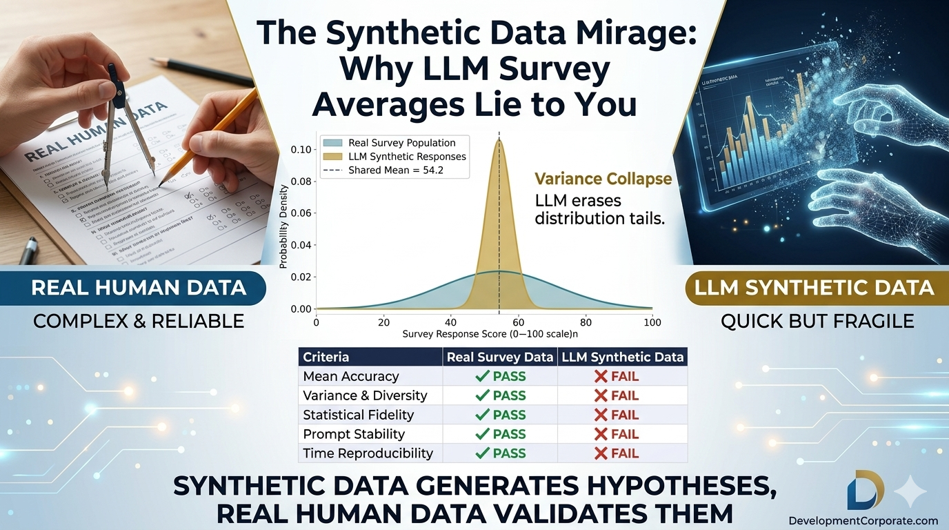 Infographic comparing Real Human Data vs LLM Synthetic Data, showing variance collapse and statistical failures in AI-generated surveys.