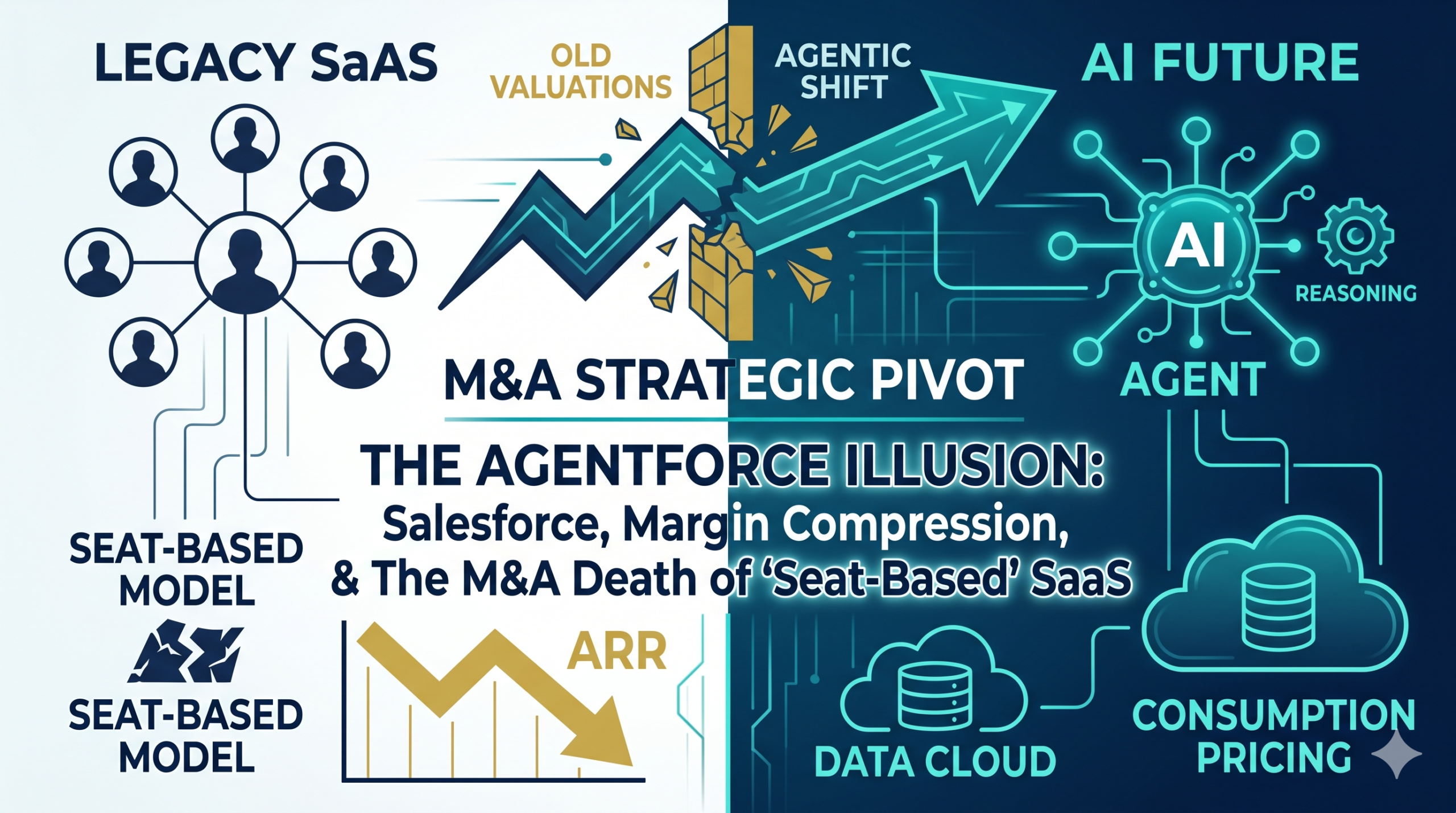 Structural transition from Legacy Seat-Based SaaS models to Agentic AI Consumption models showing valuation impacts for M&A.