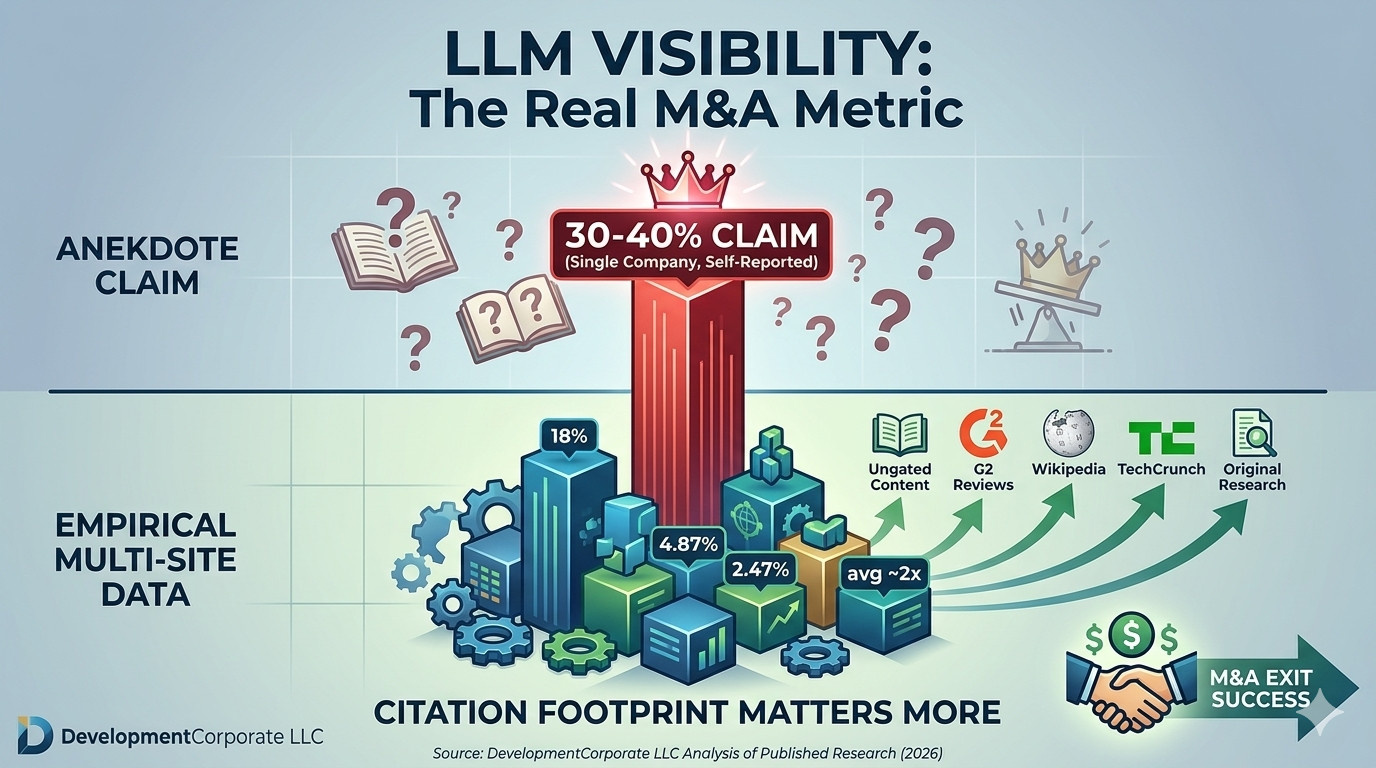 Infographic comparing LLM conversion rate anecdotes versus empirical citation footprint data for SaaS M&A.