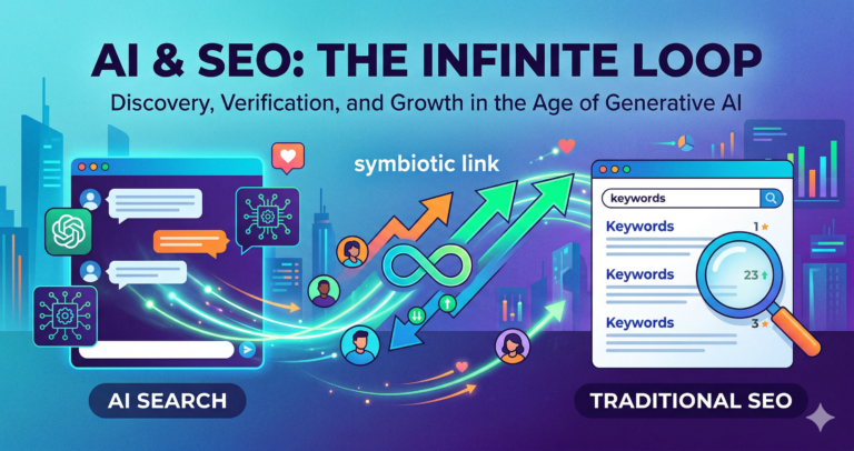 Infographic showing the symbiotic relationship between AI Search (ChatGPT) and traditional SEO (Google) as an infinite loop for SaaS customer acquisition.