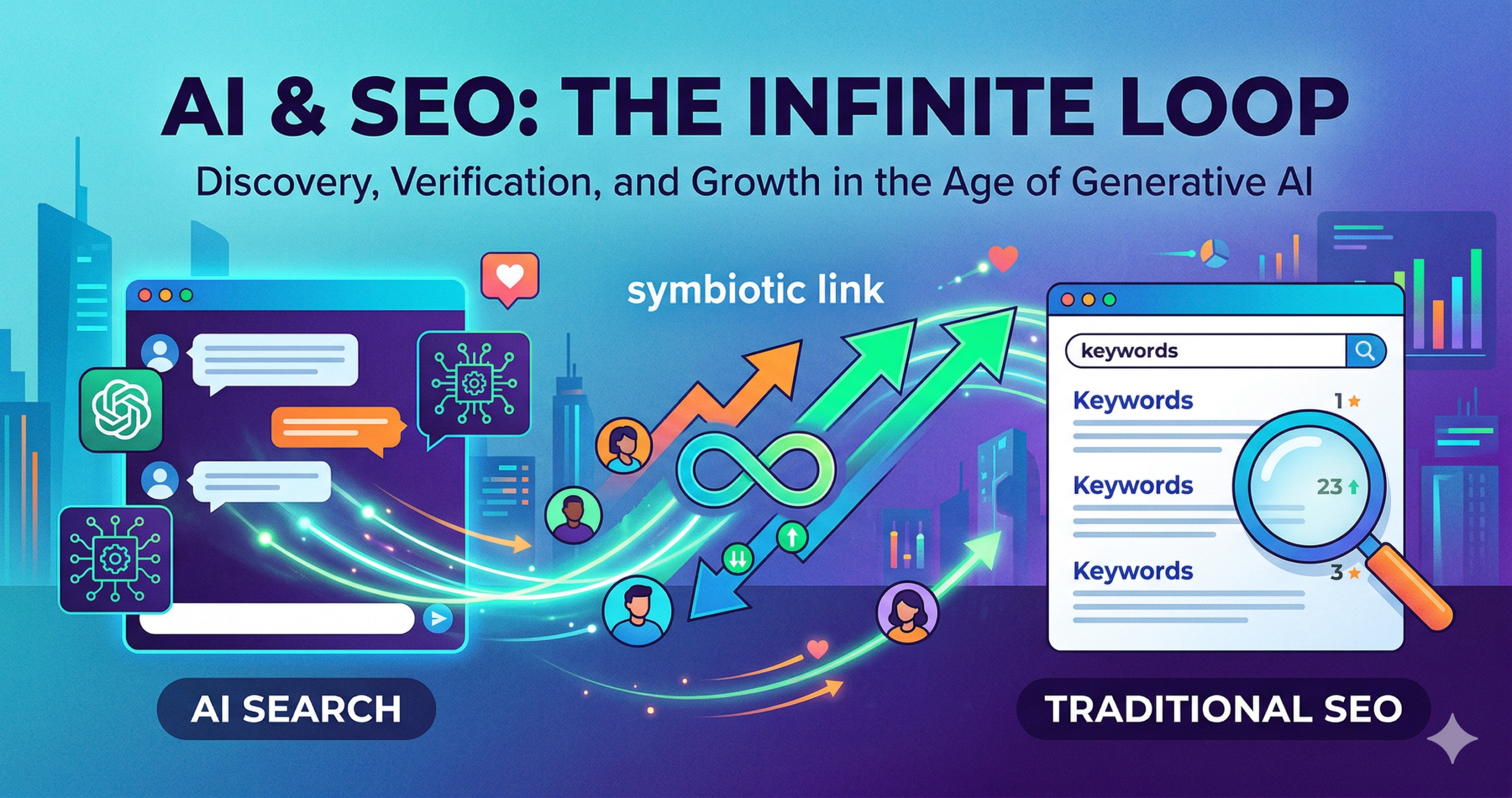 Infographic showing the symbiotic relationship between AI Search (ChatGPT) and traditional SEO (Google) as an infinite loop for SaaS customer acquisition.