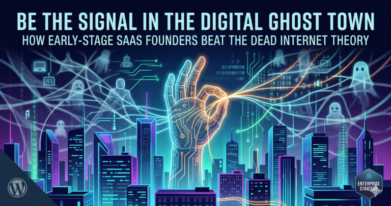 An illustration representing the Dead Internet Theory, showing a hand controlling data streams over a digital ghost town with glowing bot and human icons.