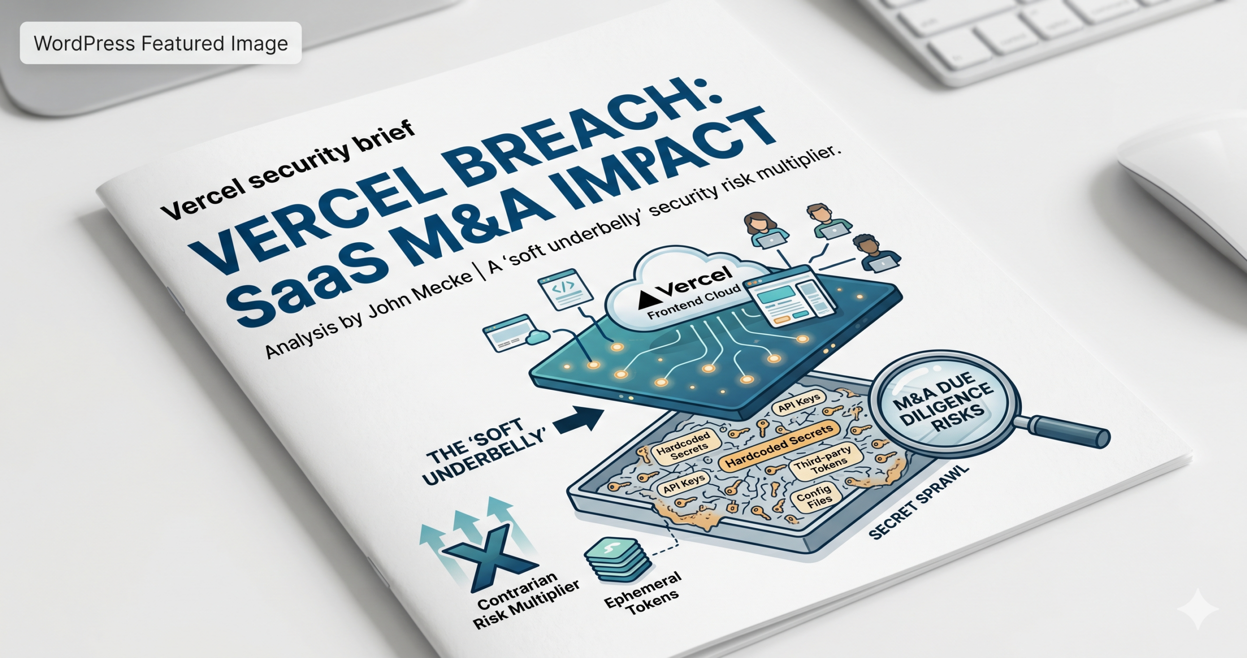 Conceptual diagram of the Vercel security breach impact on SaaS M&A, showing the 'soft underbelly' of secret sprawl and infrastructure risk.