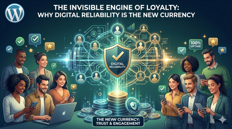 A conceptual illustration of a glowing "Digital Reliability" engine with gears and a shield, connecting diverse people using mobile devices to stacks of digital currency and loyalty icons.