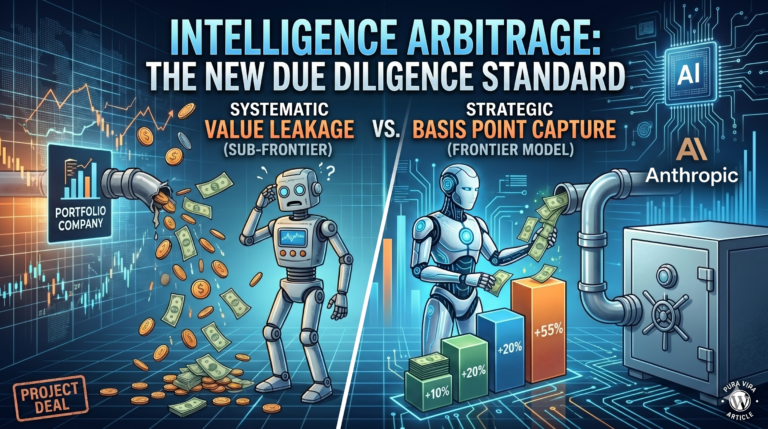 Comparison of AI agents in M&A: a sub-frontier agent losing value via leakage vs. a frontier agent capturing basis points in a secure vault.