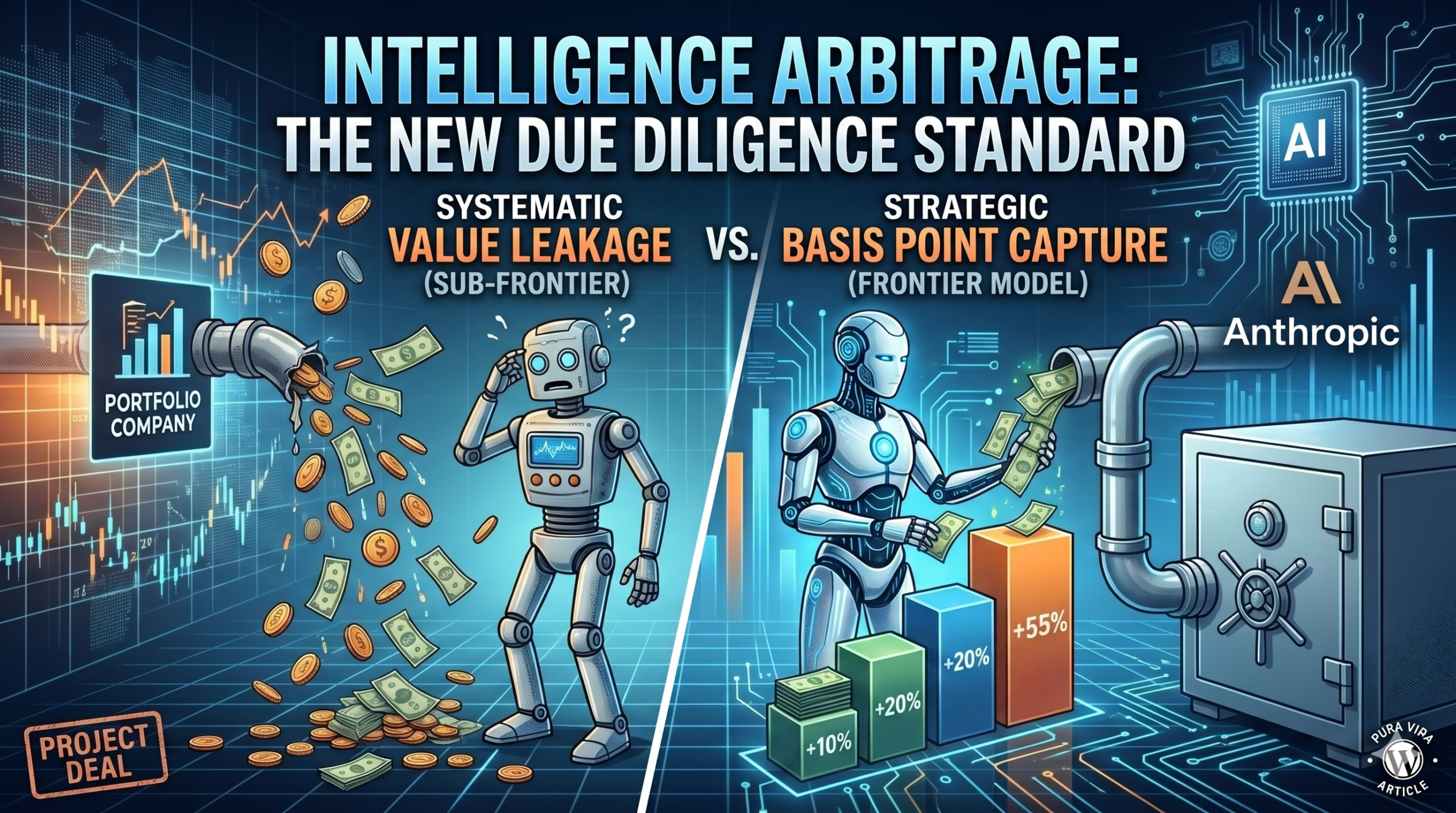Comparison of AI agents in M&A: a sub-frontier agent losing value via leakage vs. a frontier agent capturing basis points in a secure vault.