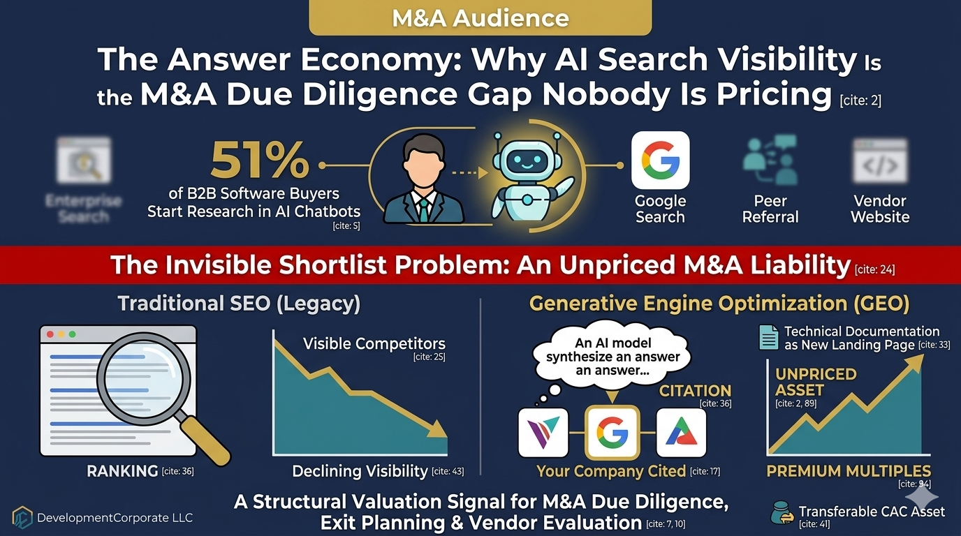 Infographic titled "The Answer Economy" showing the shift from traditional SEO to Generative Engine Optimization (GEO) in M&A due diligence.