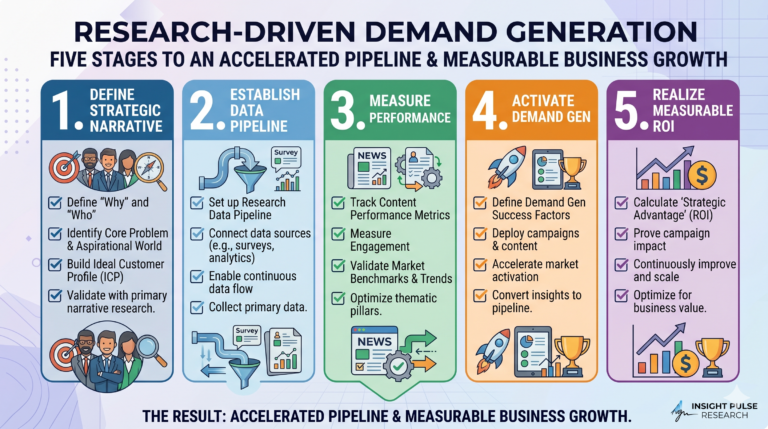 Five-stage research-driven demand generation framework for B2B SaaS companies showing the journey from strategic narrative to measurable ROI.