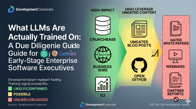 Infographic showing a content pipeline: Crunchbase and G2 are high-impact training sources for LLMs, while gated Gartner reports and white papers are blocked.