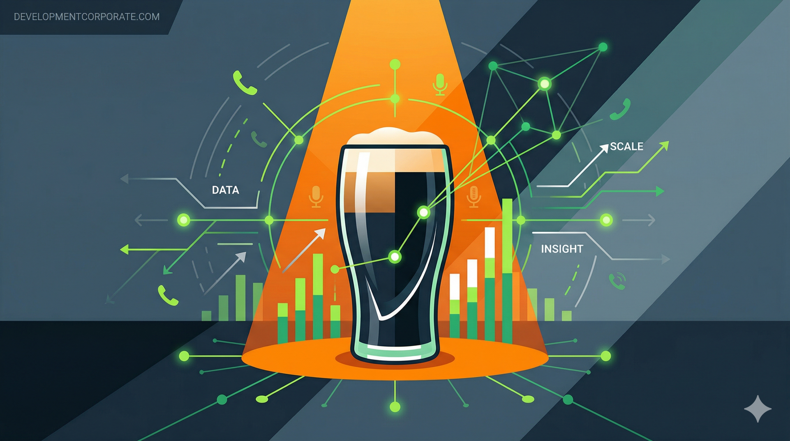 A conceptual illustration of a pint of Guinness surrounded by digital data streams, voice waves, and icons representing qualitative research at scale.