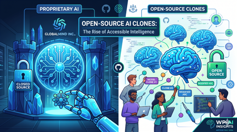 A split-screen illustration showing a glowing "Proprietary AI" brain locked in a fortress versus "Open-Source AI Clones" being freely built and modified by a community of developers.