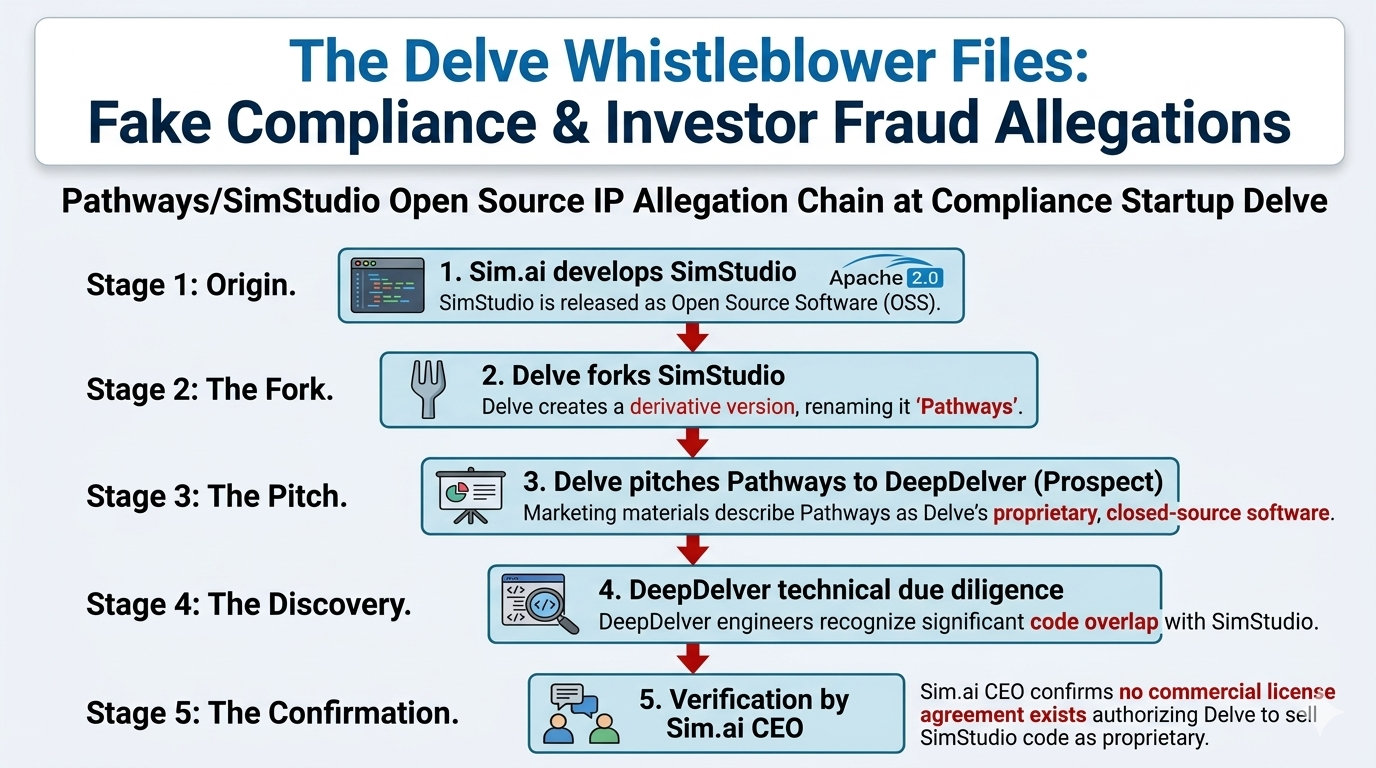 Infographic detailing the Delve whistleblower allegation chain from Stage 1 (Sim.ai developing SimStudio open source software) to Stage 5 (verification by Sim.ai CEO that Delve had no commercial license to sell the code). The diagram shows the path from 'forking' to discovery.