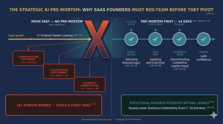 Infographic comparing two paths for a B2B SaaS enterprise pivot. The left side shows the "Move Fast — No Pre-Mortem" path leading to failure, compliance gaps, and an exploded CAC over 12-18 months. The right side shows the "Pre-Mortem First — 14 Days" path, using AI personas (Short-Seller, CISO Gate, Incumbent Move) to stress-test financial and security logic, resolving structural failures before launch.