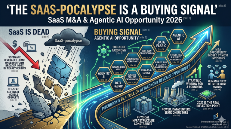 Infographic illustrating the SaaS-pocalypse market transition to Agentic AI and Work-as-a-Service, showing a declining traditional SaaS curve turning upward into a massive green arrow representing a $5.4 trillion AI opportunity path through 2026 and 2027.