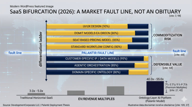 Infographic displaying the enterprise software differentiation ladder and SaaS market bifurcation into commoditization risk versus defensible value, illustrating the Palantir valuation model.
