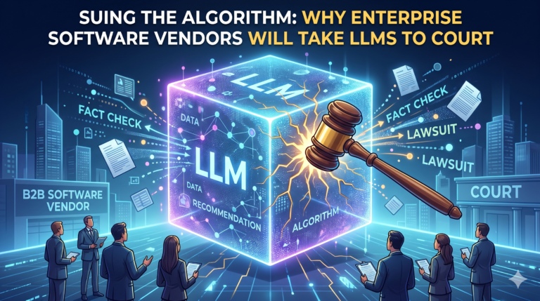An illustration depicting a large glowing cube labeled 'LLM HUB' being struck by a gavel in a modern digital cityscape. Text references: 'WALTERS V. OPENAI (2023): DEFAMATION IS POSSIBLE' and 'LLMs AS "AUTHORS": European Courts'. In the background, signs read 'B2B SOFTWARE VENDOR' and 'COURT'. It visualizes legal challenges in software licensing.