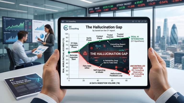 A digital tablet displaying a "Hallucination Gap" line chart comparing ideal AI integration with actual factual decay caused by fake data ingestion, set in a professional London consulting office.