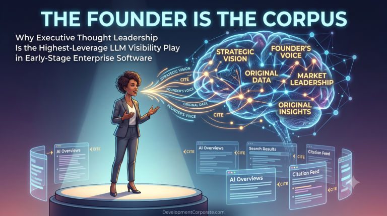 A professional female founder speaking, her voice forming an illuminated digital brain network labeled with "Original Data & Insights" and "Strategic Vision." Information flows into AI devices and laptops displaying "Cited in Top LLM Results," demonstrating how B2B SaaS thought leadership gains visibility in AI search engines.