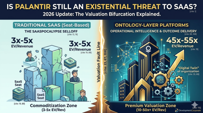 An infographic detailing the 2026 valuation fault line between Traditional SaaS and Ontology-Layer Platforms. On the left, Traditional seat-based SaaS is shown with crumbling blocks in a "Commoditization Zone" at 3x-5x EV/Revenue. On the right, futuristic towering buildings represent Ontology-Layer Platforms in a "Premium Valuation Zone" commanding 45x-55x EV/Revenue.